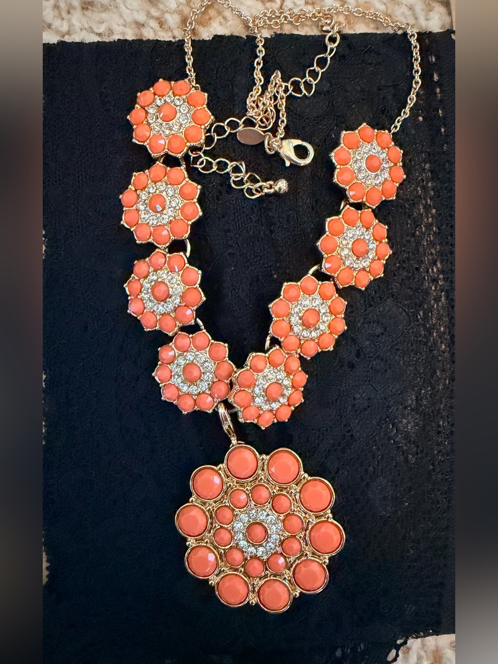 Premier Coral Floral Cluster Necklace with Gold-Tone Accents